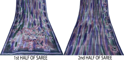 Sanskriti Vintage Saree Blue 100% Pure Crepe Digital Print Sari 5.5+Yard Fabric