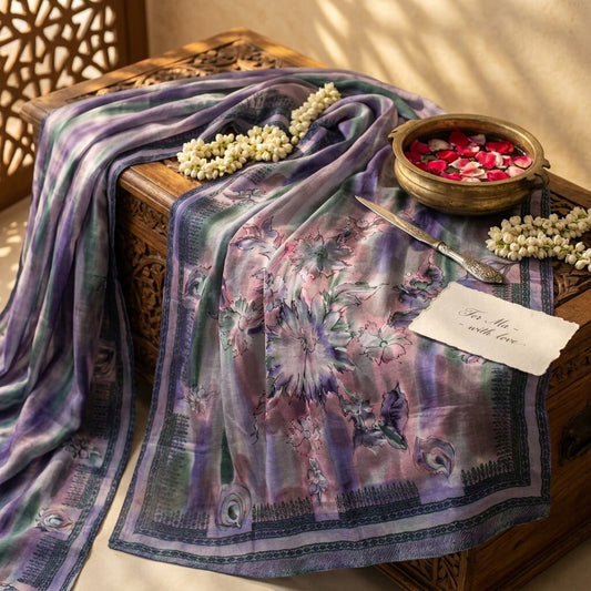 Sanskriti Vintage Saree Blue 100% Pure Crepe Digital Print Sari 5.5+Yard Fabric