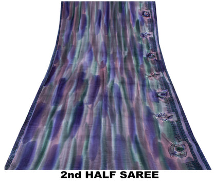 Sanskriti Vintage Saree Blue 100% Pure Crepe Digital Print Sari 5.5+Yard Fabric
