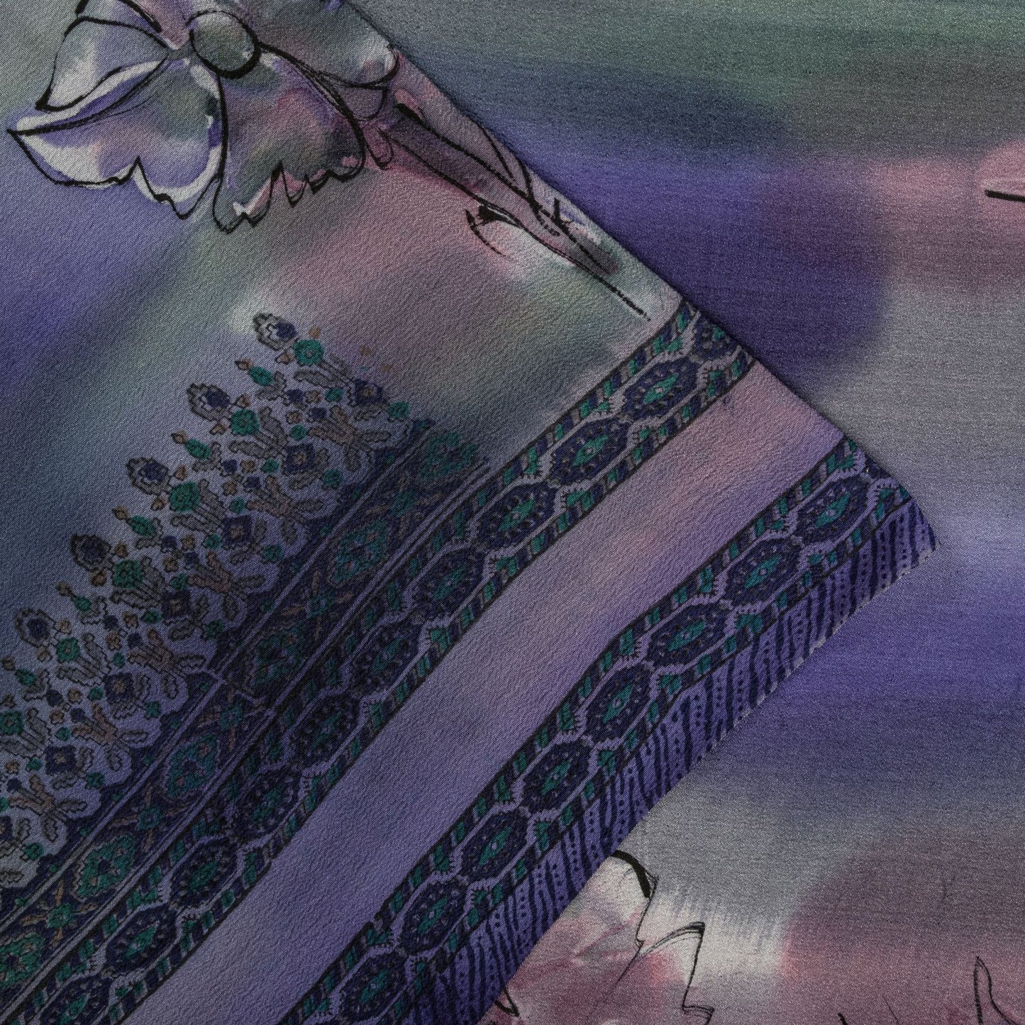 Sanskriti Vintage Saree Blue 100% Pure Crepe Digital Print Sari 5.5+Yard Fabric