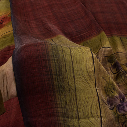 Sanskriti Vintage Saree Maroon-Green Pure Crepe Floral Print Sari 5.5Yard Fabric