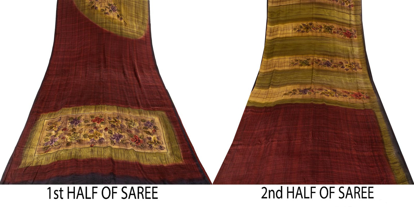 Sanskriti Vintage Saree Maroon-Green Pure Crepe Floral Print Sari 5.5Yard Fabric
