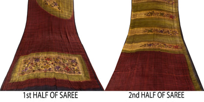 Sanskriti Vintage Saree Maroon-Green Pure Crepe Floral Print Sari 5.5Yard Fabric