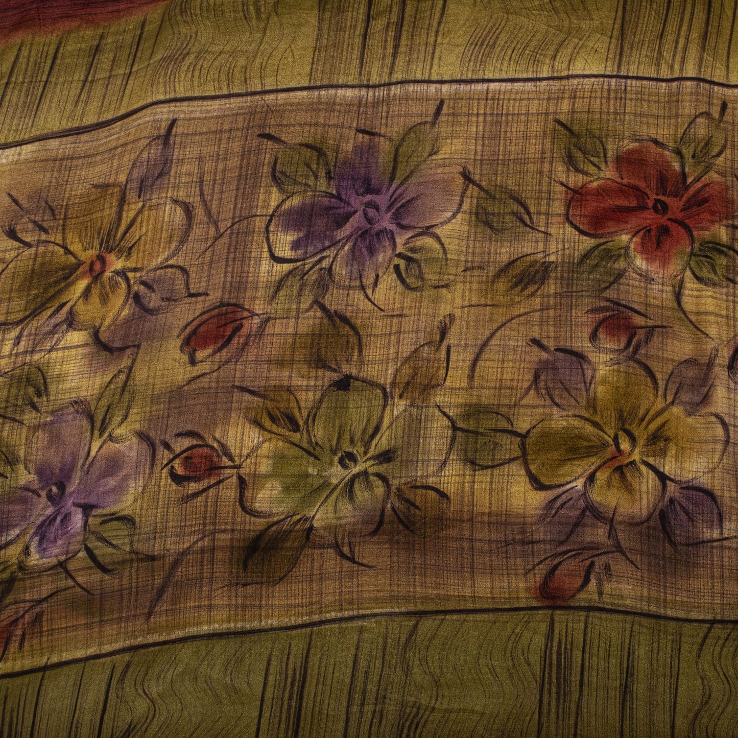Sanskriti Vintage Saree Maroon-Green Pure Crepe Floral Print Sari 5.5Yard Fabric