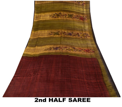 Sanskriti Vintage Saree Maroon-Green Pure Crepe Floral Print Sari 5.5Yard Fabric
