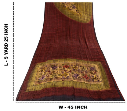 Sanskriti Vintage Saree Maroon-Green Pure Crepe Floral Print Sari 5.5Yard Fabric