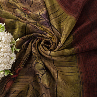 Sanskriti Vintage Saree Maroon-Green Pure Crepe Floral Print Sari 5.5Yard Fabric