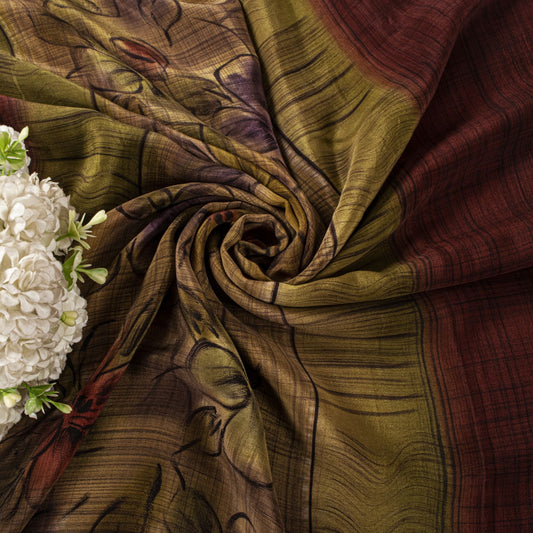 Sanskriti Vintage Saree Maroon-Green Pure Crepe Floral Print Sari 5.5Yard Fabric