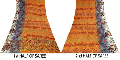 Sanskriti Vintage Saree Orange Pure Crepe Silk Floral Print Sari 5.5+Yard Fabric