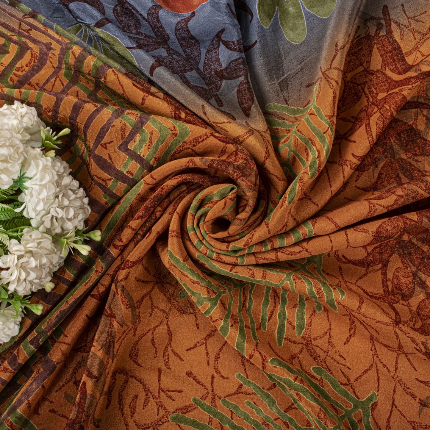 Sanskriti Vintage Saree Orange Pure Crepe Silk Floral Print Sari 5.5+Yard Fabric