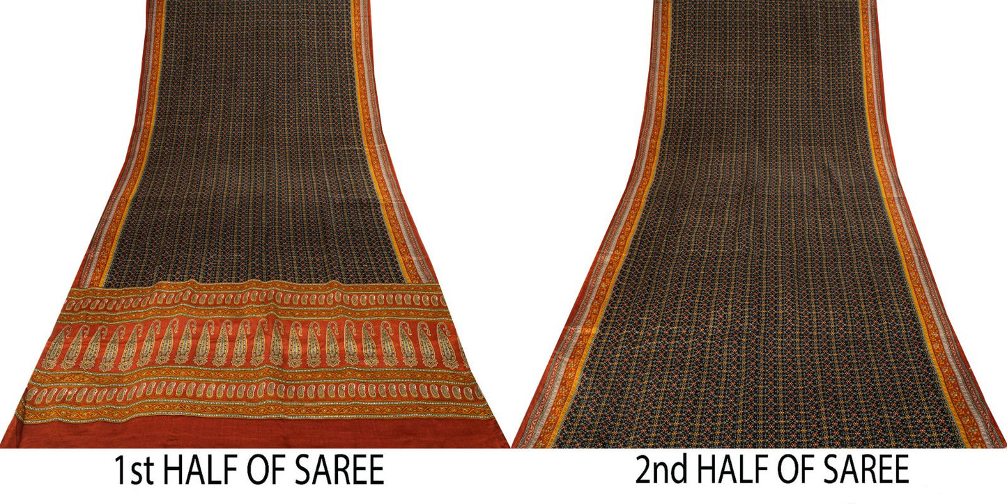 Sanskriti Vintage Saree Black 100% Pure Crepe Floral Print Sari 5.5+Yard Fabric