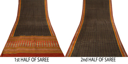 Sanskriti Vintage Saree Black 100% Pure Crepe Floral Print Sari 5.5+Yard Fabric