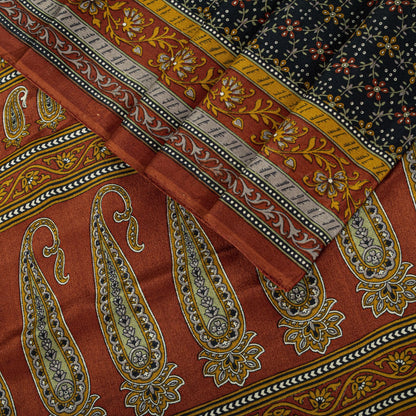 Sanskriti Vintage Saree Black 100% Pure Crepe Floral Print Sari 5.5+Yard Fabric