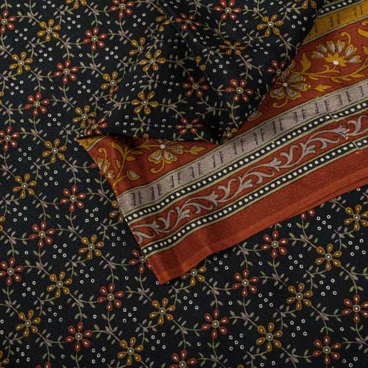 Sanskriti Vintage Saree Black 100% Pure Crepe Floral Print Sari 5.5+Yard Fabric