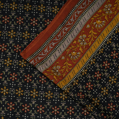 Sanskriti Vintage Saree Black 100% Pure Crepe Floral Print Sari 5.5+Yard Fabric