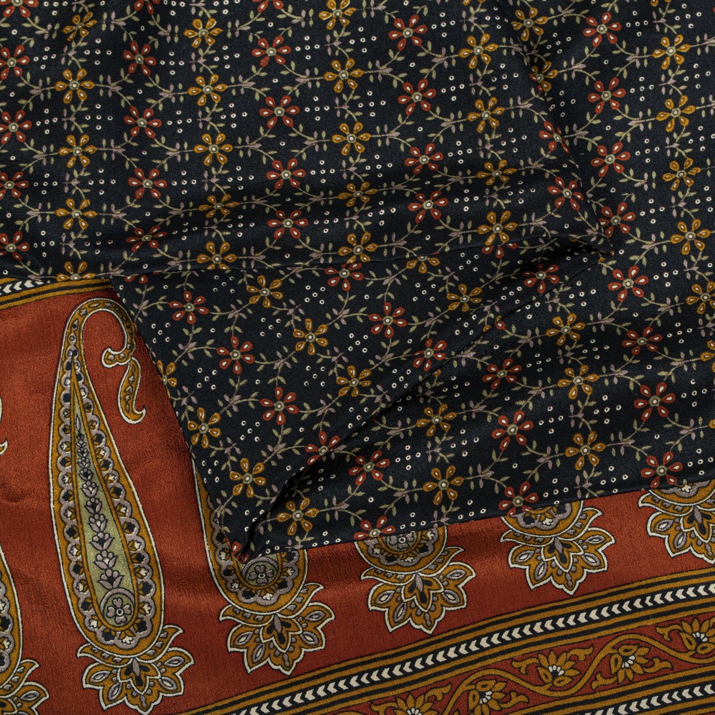 Sanskriti Vintage Saree Black 100% Pure Crepe Floral Print Sari 5.5+Yard Fabric