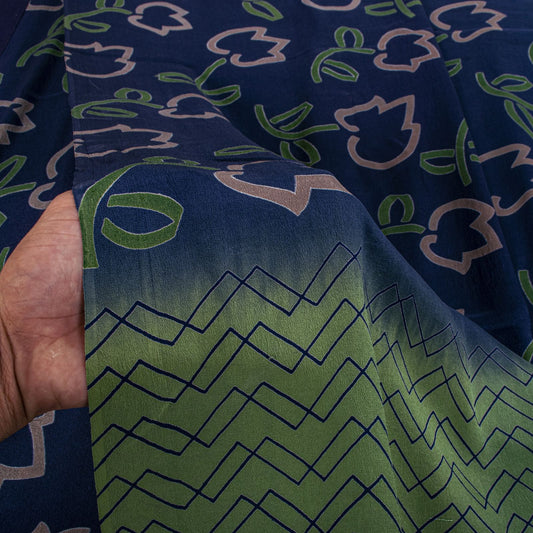 Sanskriti Vintage Saree Blue-Green Pure Crepe Floral Print Sari 5.5+Yard Fabric