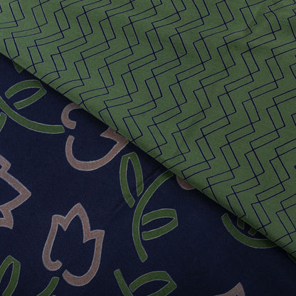 Sanskriti Vintage Saree Blue-Green Pure Crepe Floral Print Sari 5.5+Yard Fabric