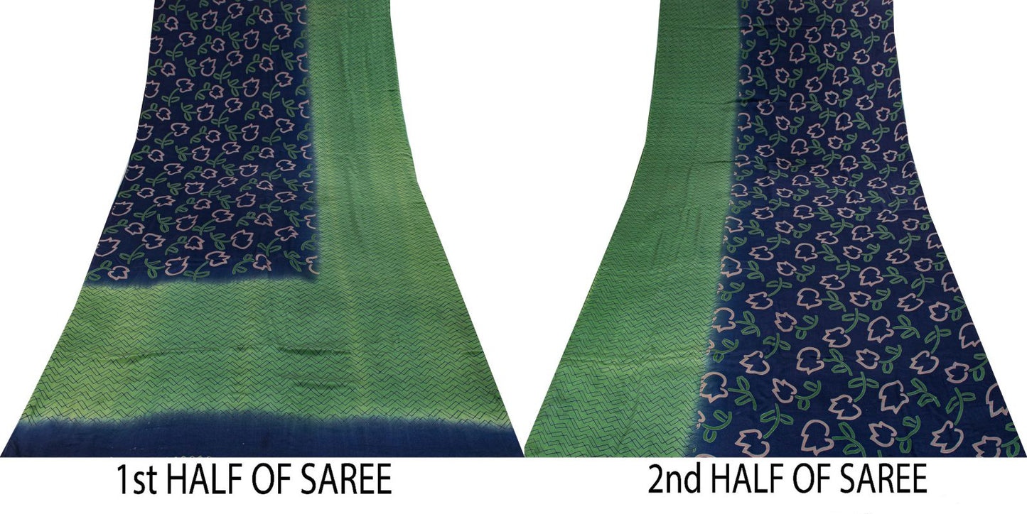Sanskriti Vintage Saree Blue-Green Pure Crepe Floral Print Sari 5.5+Yard Fabric