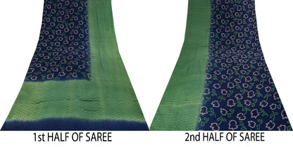 Sanskriti Vintage Saree Blue-Green Pure Crepe Floral Print Sari 5.5+Yard Fabric
