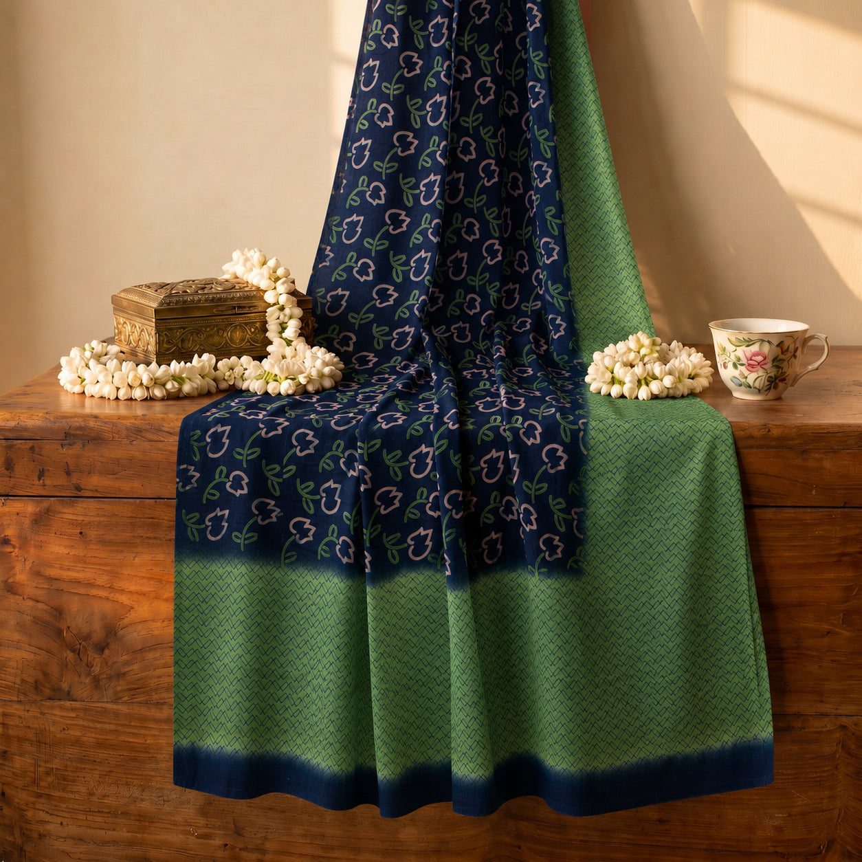 Sanskriti Vintage Saree Blue-Green Pure Crepe Floral Print Sari 5.5+Yard Fabric