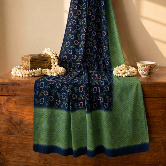 Sanskriti Vintage Saree Blue-Green Pure Crepe Floral Print Sari 5.5+Yard Fabric