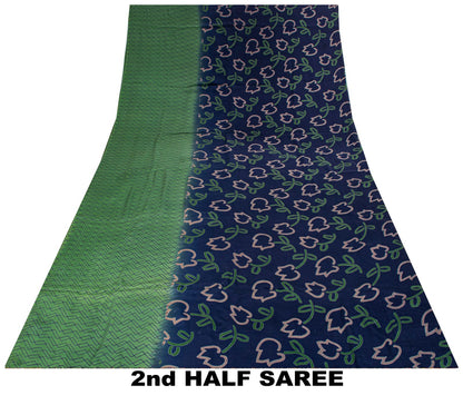 Sanskriti Vintage Saree Blue-Green Pure Crepe Floral Print Sari 5.5+Yard Fabric