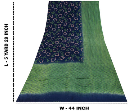 Sanskriti Vintage Saree Blue-Green Pure Crepe Floral Print Sari 5.5+Yard Fabric