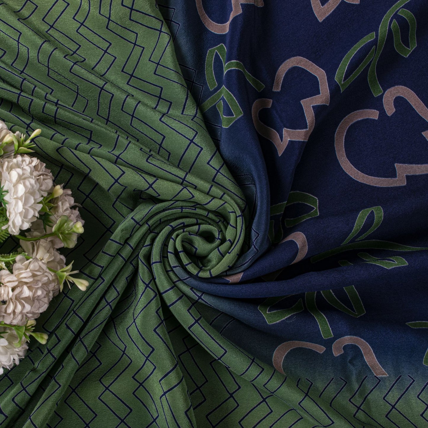 Sanskriti Vintage Saree Blue-Green Pure Crepe Floral Print Sari 5.5+Yard Fabric