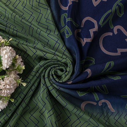 Sanskriti Vintage Saree Blue-Green Pure Crepe Floral Print Sari 5.5+Yard Fabric