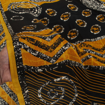Sanskriti Vintage Saree Yellow Pure Crepe Geometric Print Sari 5.5+Yard Fabric