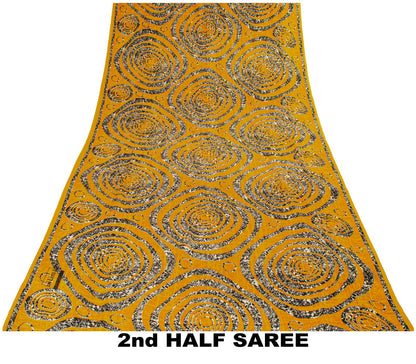 Sanskriti Vintage Saree Yellow Pure Crepe Geometric Print Sari 5.5+Yard Fabric