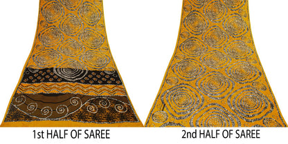 Sanskriti Vintage Saree Yellow Pure Crepe Geometric Print Sari 5.5+Yard Fabric