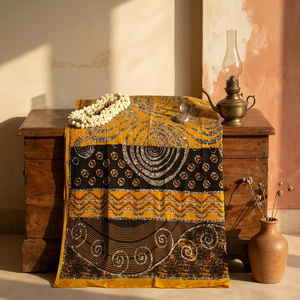 Sanskriti Vintage Saree Yellow Pure Crepe Geometric Print Sari 5.5+Yard Fabric