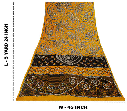 Sanskriti Vintage Saree Yellow Pure Crepe Geometric Print Sari 5.5+Yard Fabric