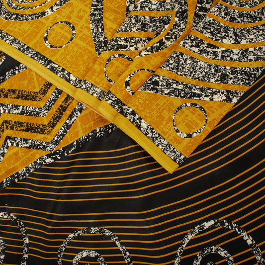 Sanskriti Vintage Saree Yellow Pure Crepe Geometric Print Sari 5.5+Yard Fabric