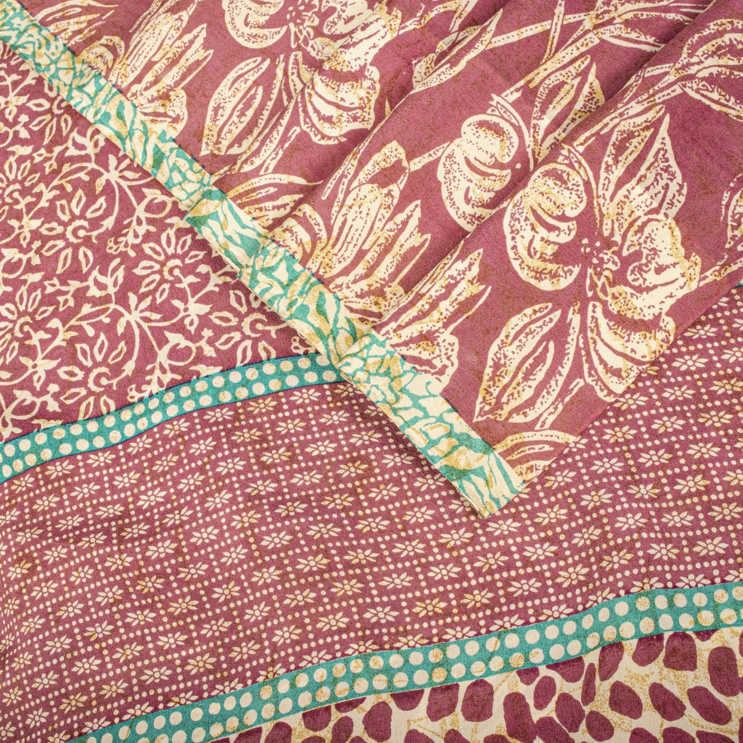 Sanskriti Vintage Saree Pink Blend Crepe Floral Print Sari 5.5+Yard Craft Fabric