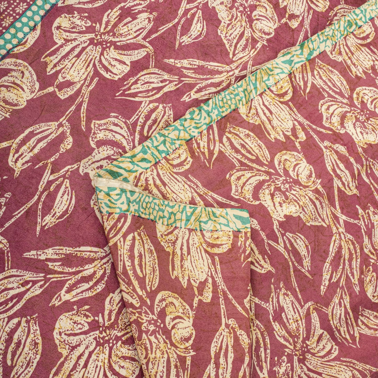 Sanskriti Vintage Saree Pink Blend Crepe Floral Print Sari 5.5+Yard Craft Fabric