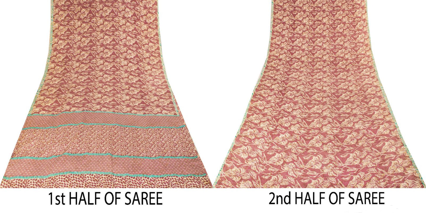 Sanskriti Vintage Saree Pink Blend Crepe Floral Print Sari 5.5+Yard Craft Fabric