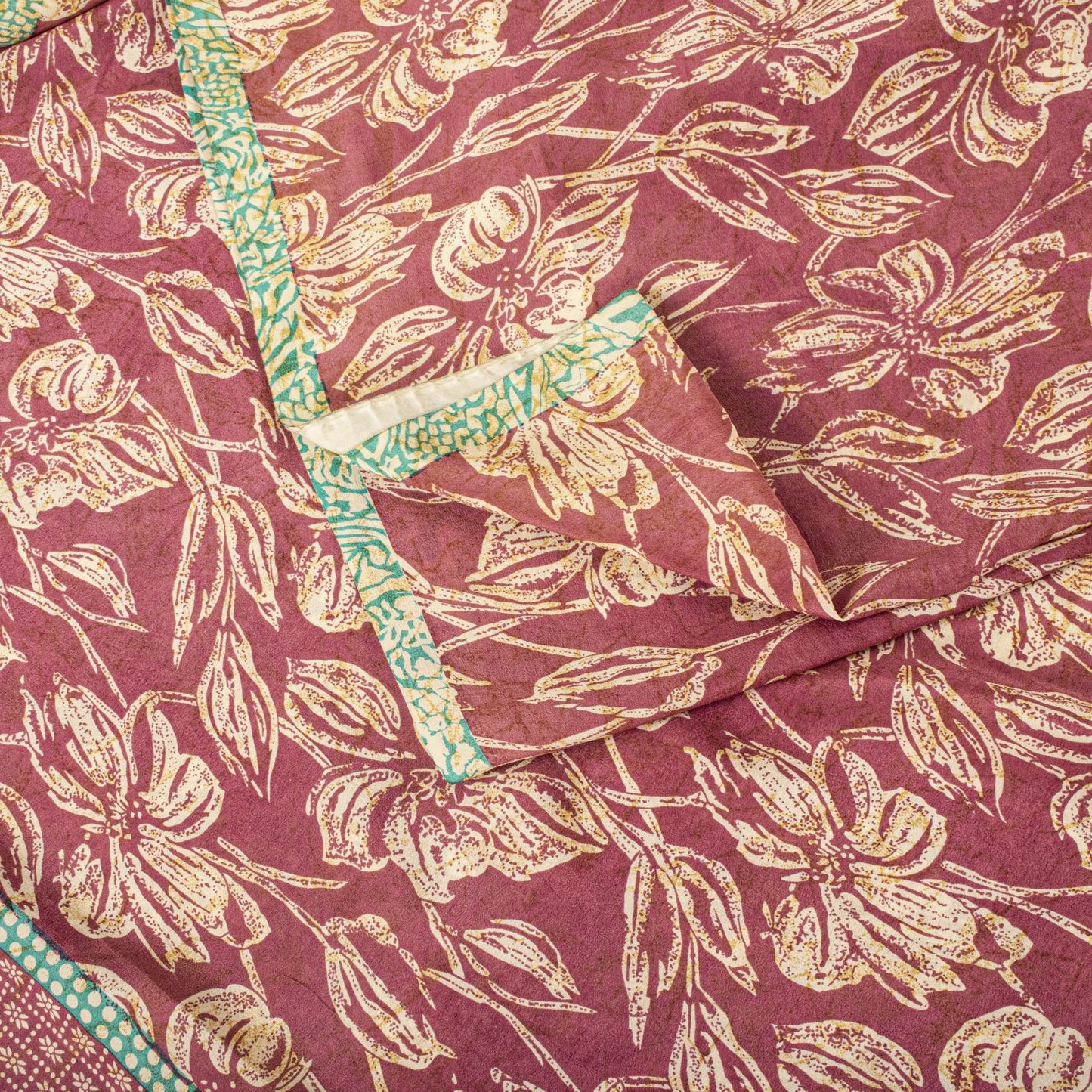 Sanskriti Vintage Saree Pink Blend Crepe Floral Print Sari 5.5+Yard Craft Fabric