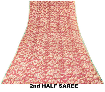 Sanskriti Vintage Saree Pink Blend Crepe Floral Print Sari 5.5+Yard Craft Fabric