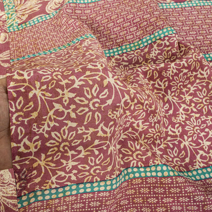 Sanskriti Vintage Saree Pink Blend Crepe Floral Print Sari 5.5+Yard Craft Fabric