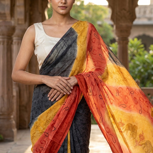 Sanskriti Vintage Saree Black 100% Pure Crepe Floral Print Sari 5.5+Yard Fabric