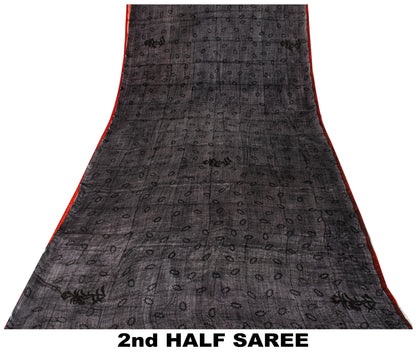 Sanskriti Vintage Saree Black 100% Pure Crepe Floral Print Sari 5.5+Yard Fabric