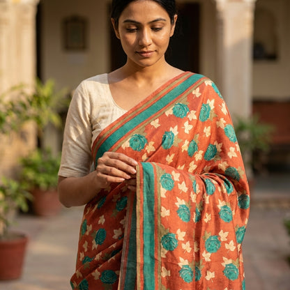Sanskriti Vintage Saree Pink Pure Crepe Silk Digital Print Sari 5.5+Yard Fabric