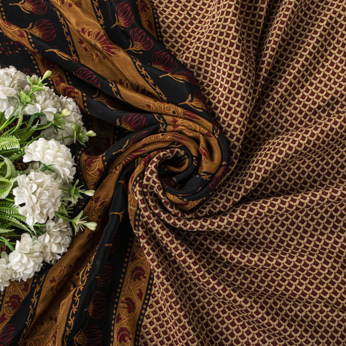 Sanskriti Vintage Saree Brown Pure Crepe Floral Print Sari 6.5+Yard Craft Fabric