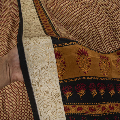 Sanskriti Vintage Saree Brown Pure Crepe Floral Print Sari 6.5+Yard Craft Fabric