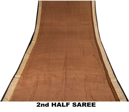 Sanskriti Vintage Saree Brown Pure Crepe Floral Print Sari 6.5+Yard Craft Fabric