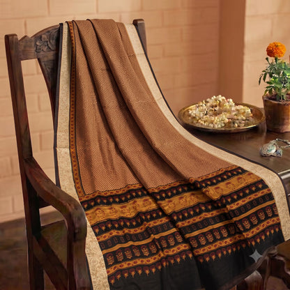 Sanskriti Vintage Saree Brown Pure Crepe Floral Print Sari 6.5+Yard Craft Fabric
