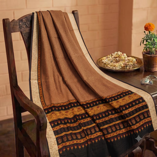 Sanskriti Vintage Saree Brown Pure Crepe Floral Print Sari 6.5+Yard Craft Fabric